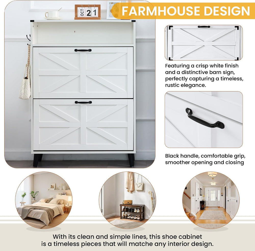 Shoe Storage Cabinet with 2 Flip Drawers, Farmhouse Shoe Cabinet with Open St...