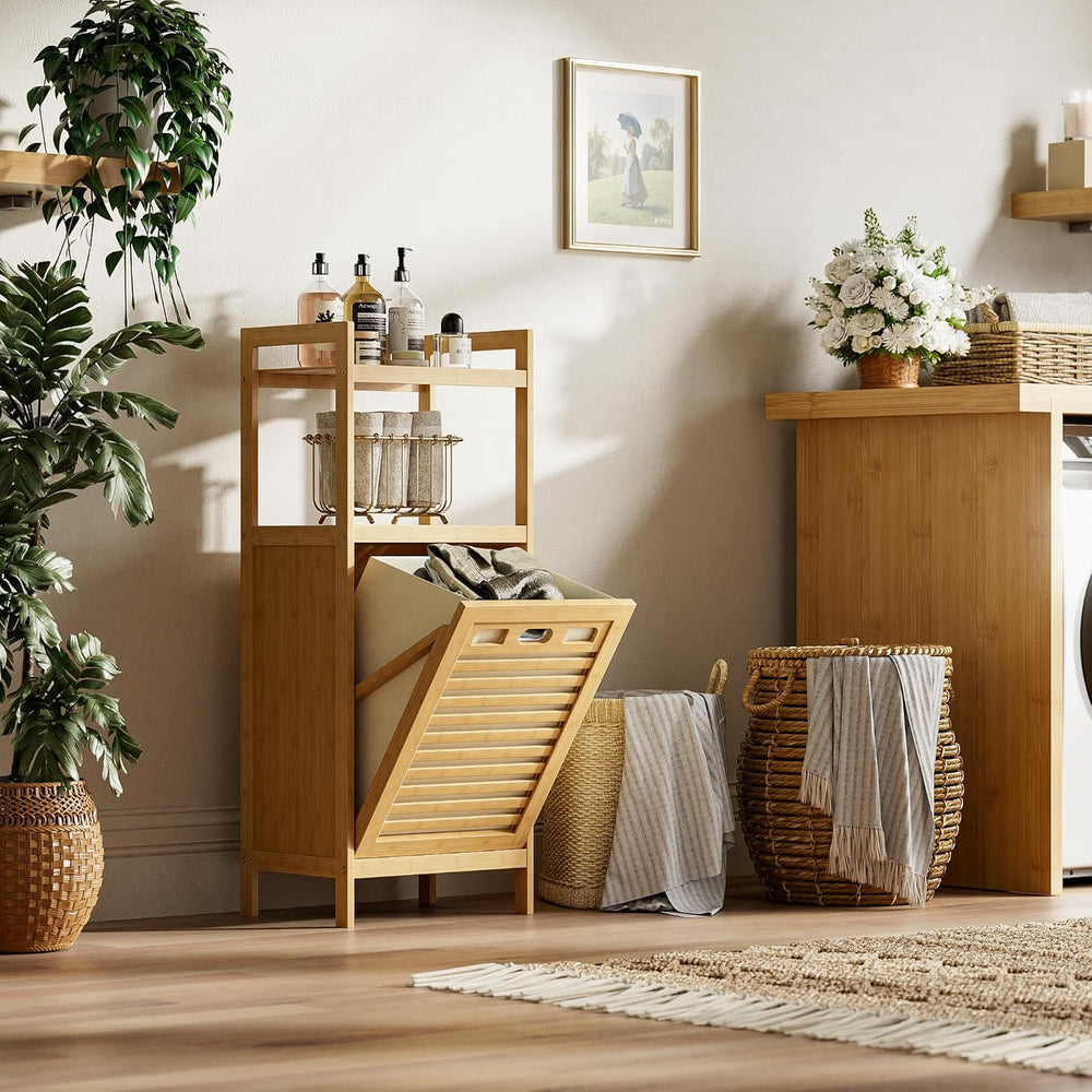 HITNET Tilt Out Laundry Hamper, Bamboo Laundry Basket with Foldable Bag and 2...