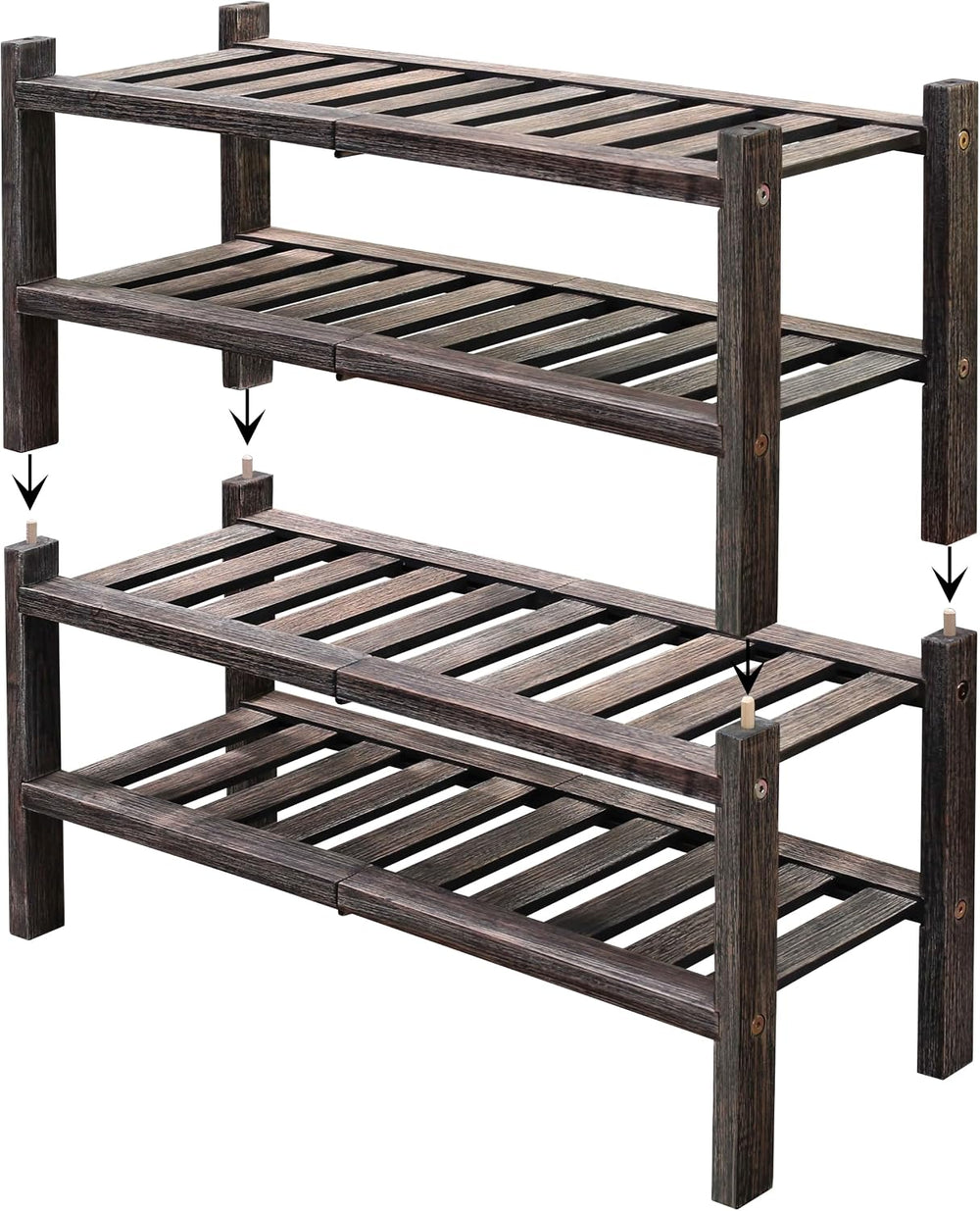 2-Tier Acacia Wood Stackable Shoe Rack - Brush Black