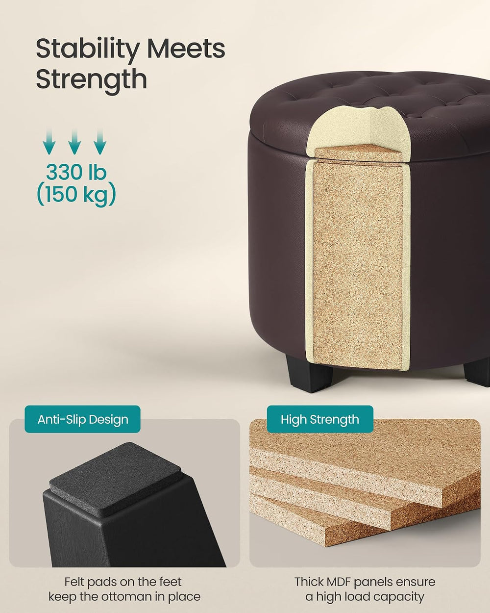 SONGMICS Vanity Stool, Round Ottoman with Storage, PVC Leather