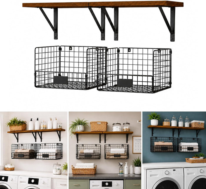 2 Pack Laundry Room Shelves Wall Mounted with Wire Mesh Baskets
