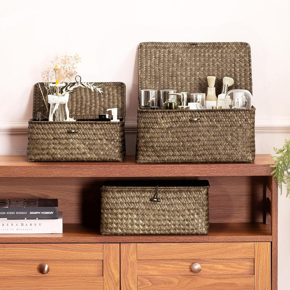 Nonam Wicker Storage Basket with Lid,Seagrass Shelf Basket Set of 3,Coffee
