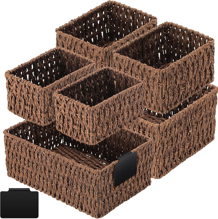 Marsui 6 Pcs Wicker Storage Baskets for Pantry Organization with Labels Handwoven Paper Rope Multi-size Brown Wicker Storage Bins for Organizing Small Baskets Container for Shelves Closet Toilet
