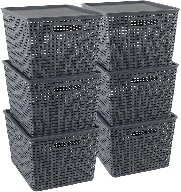 Ggbin 6-Pack Large Plastic Weave Storage Baskets Bins with Lids, Grey