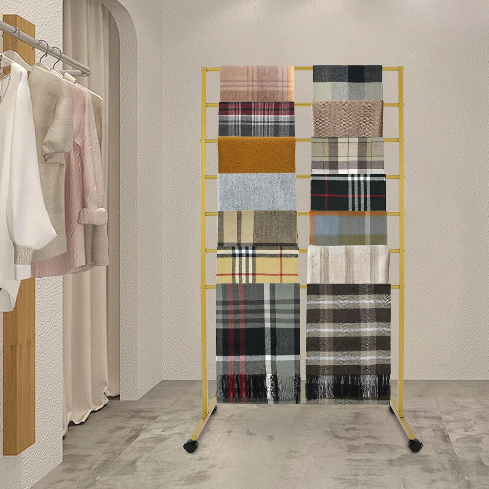 7 Tier Metal Display Rack with Wheels, Floor Standing Scarf Display Stand, Hi...
