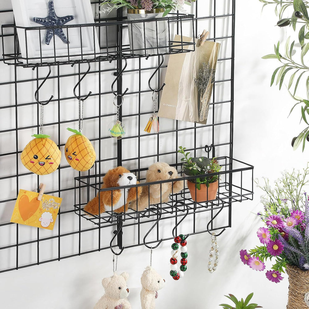 Black 4 Pack Grid Wall Hanging Baskets with 16 S Hooks, 15.8 x 3.9 x 3.2 Inch...