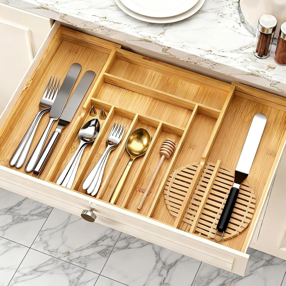 Bamboo Expandable Silverware Drawer Organizer, Adjustable Utensil Tray Cutler...