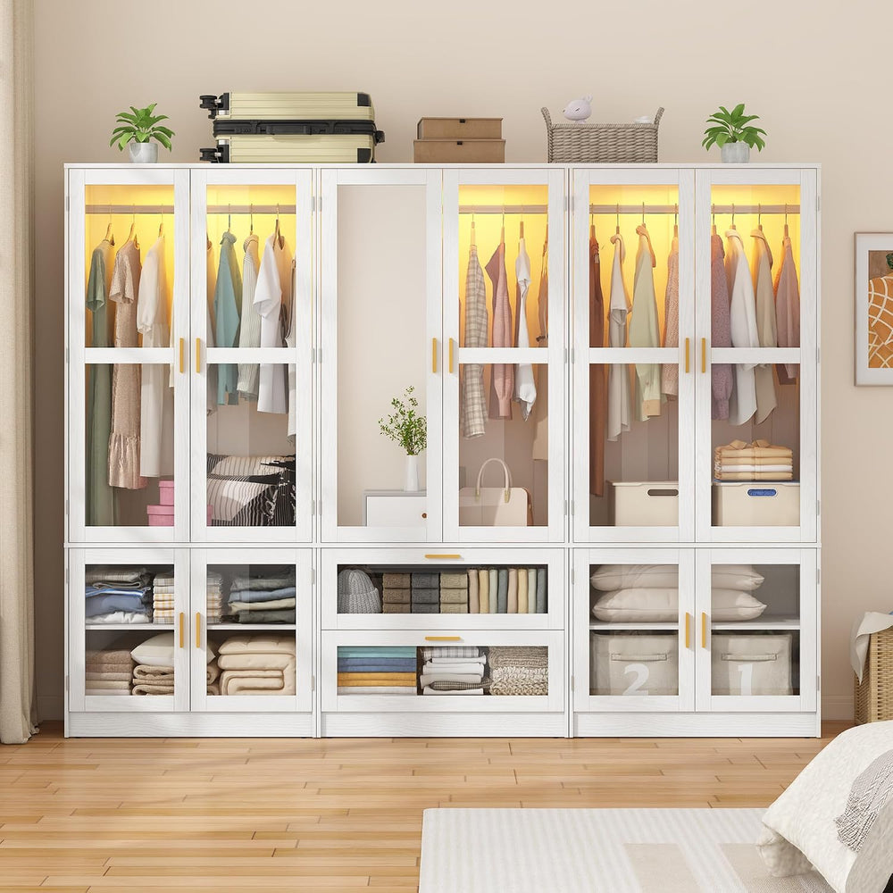 6 Doors Armoire Wardrobe Closet with LED and Mirror,71" H Freestanding W...