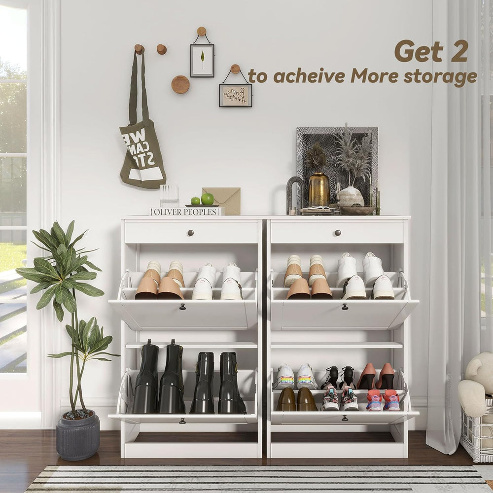 FTZxHKLX Shoe Cabinet with 2 Flip Drawers, Slim Shoe Storage Cabinet, White