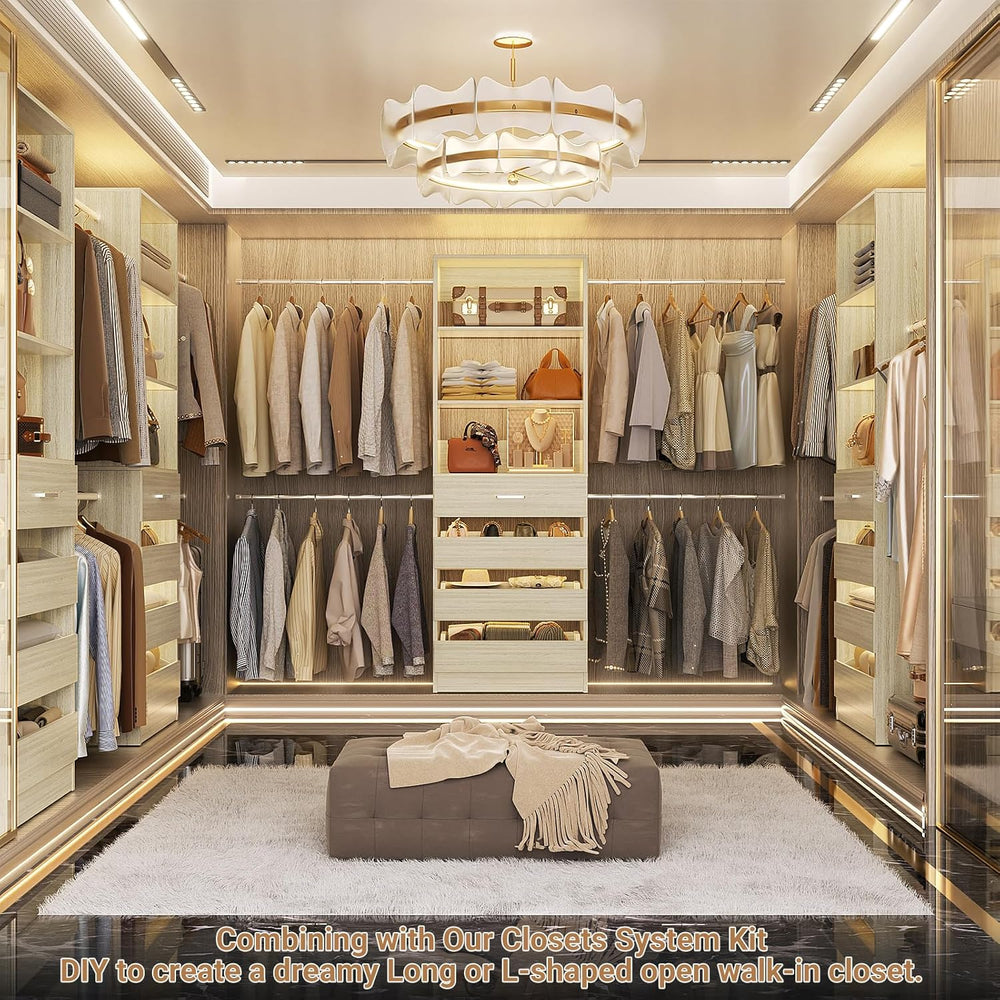 Aheaplus Closet System,4-9Ft Closet Organizer with 4 Wood Drawers,White Oak