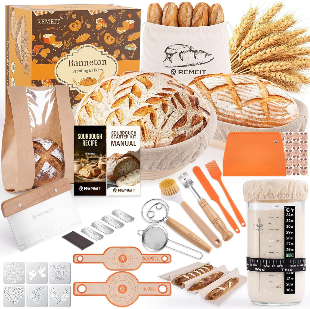 Sourdough Starter Kit with Banneton Bread Proofing Basket Set, 9" Round ...