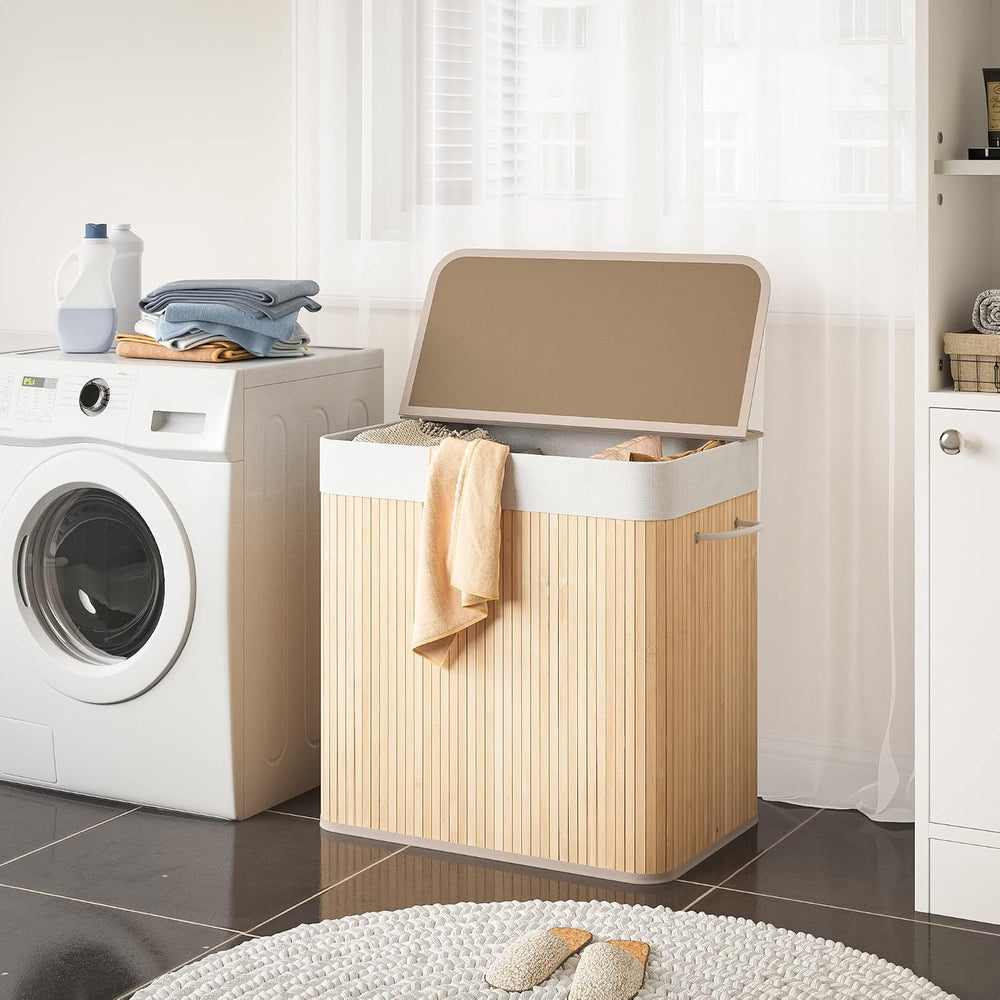 Mondeer Bamboo Laundry Basket Foldable with 3 Sections Storage Hamper with Re...