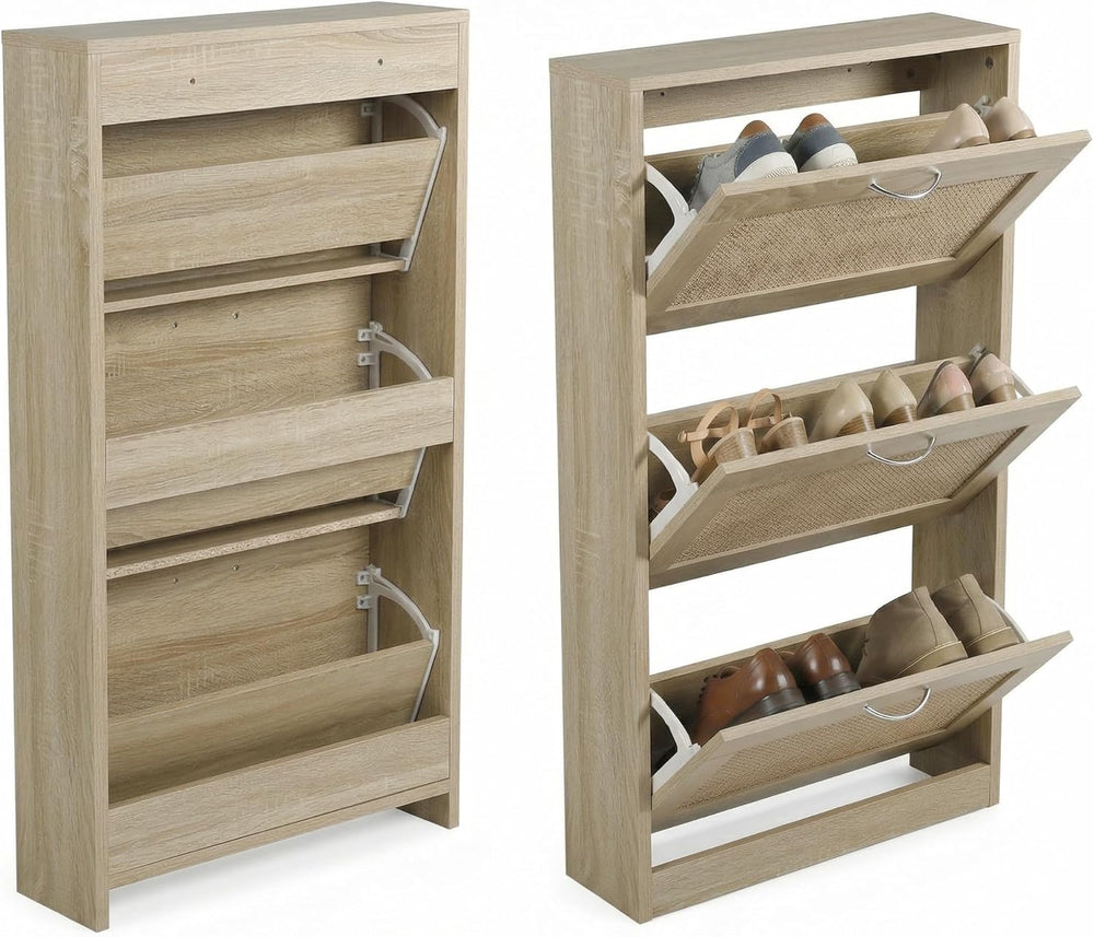 Rattan Shoe Storage Cabinet with 3 Flip Drawers