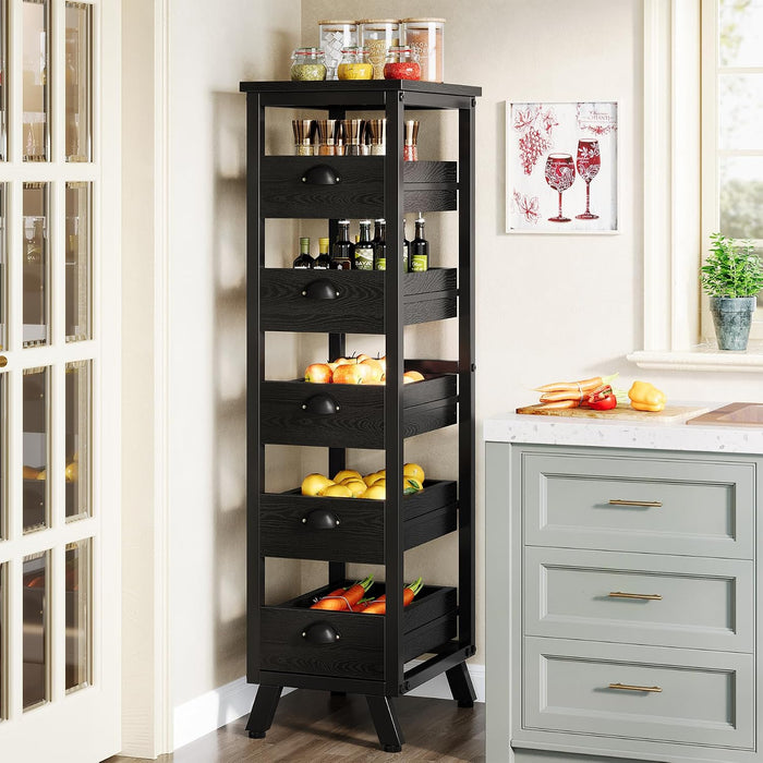 Tribesigns Black Wood Fruit and Vegetable Storage Rack, 5-Tier Narrow Snack Stand Kitchen Stand Fruit Basket, Pull-Out Utility Organizer for Kitchen, Living Room