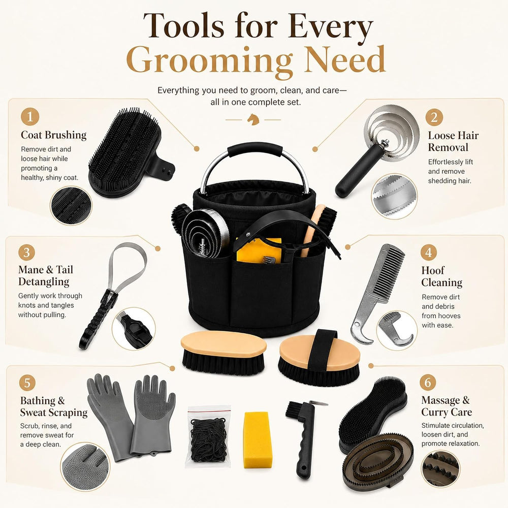 Horse Grooming Kit For Care Bathing & Shedding Brushes & Curry Combs ...