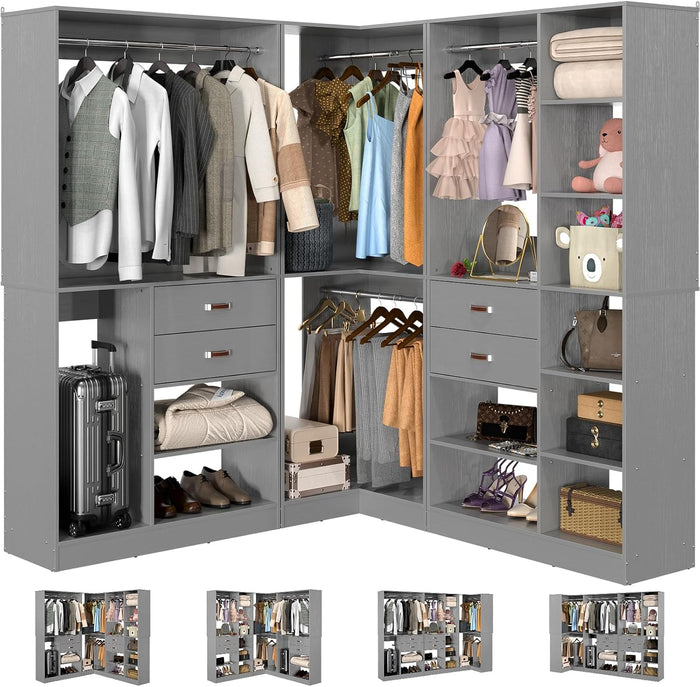Armocity Freestanding Closet System with 3 Sets, 110'' Reversible Stand-alone Wardrobe, 80'' Height Cloth Garment Organizer, Walk-in Closet with Hanging Rod, 71"L x 71"W x 80"H, Load 2500 LBS, Grey