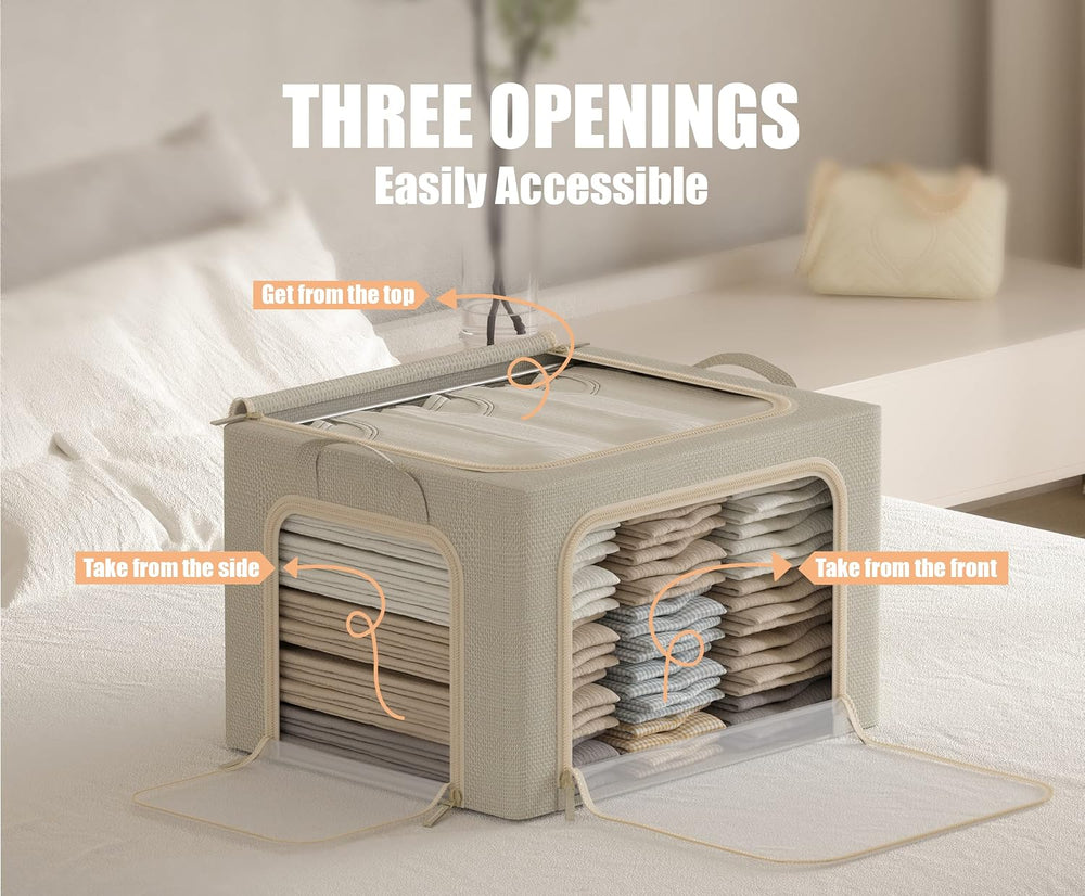3 Openings Clothes Storage Bins with Metal Frame, Foldable Storage Bin for Cl...