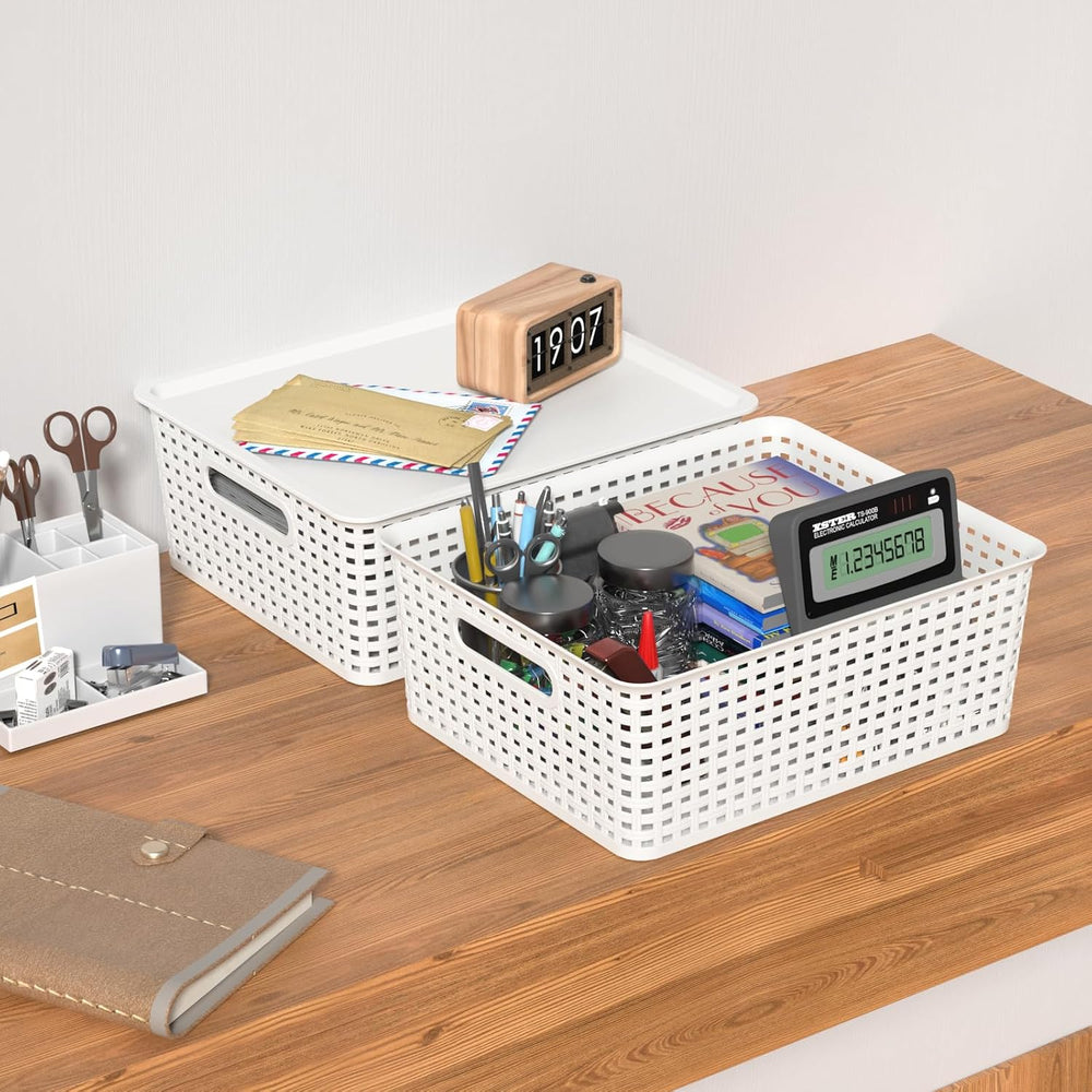 Hespama 6 Pack Plastic Weave Storage Basket, Stackable Lidded Organizer Bin