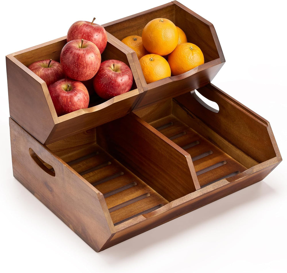 Tidita Wood Potato and Onion Storage Bin, Set of 3, Stackable, Walnut Color