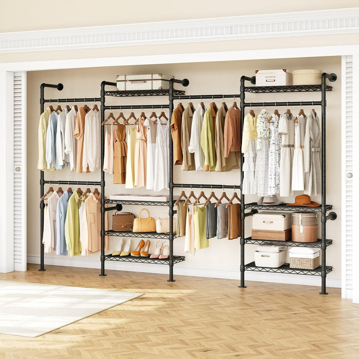 H4 Wall Mounted Closet System, Expandable Industrial Pipe Clothing Rack
