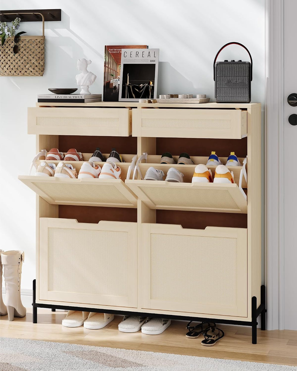GarveeHome Rattan Shoe Cabinet Storage with 4 Flip Drawers & 2 Top Drawer...