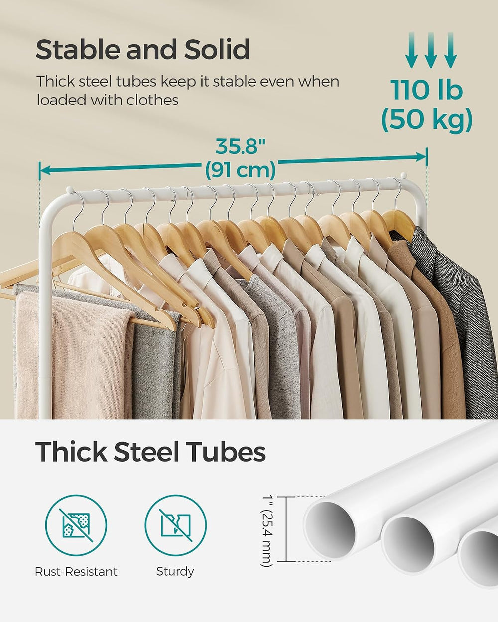 SONGMICS Clothes Rack with Wheels, Metal Garment Rack, Mesh Storage Shelf