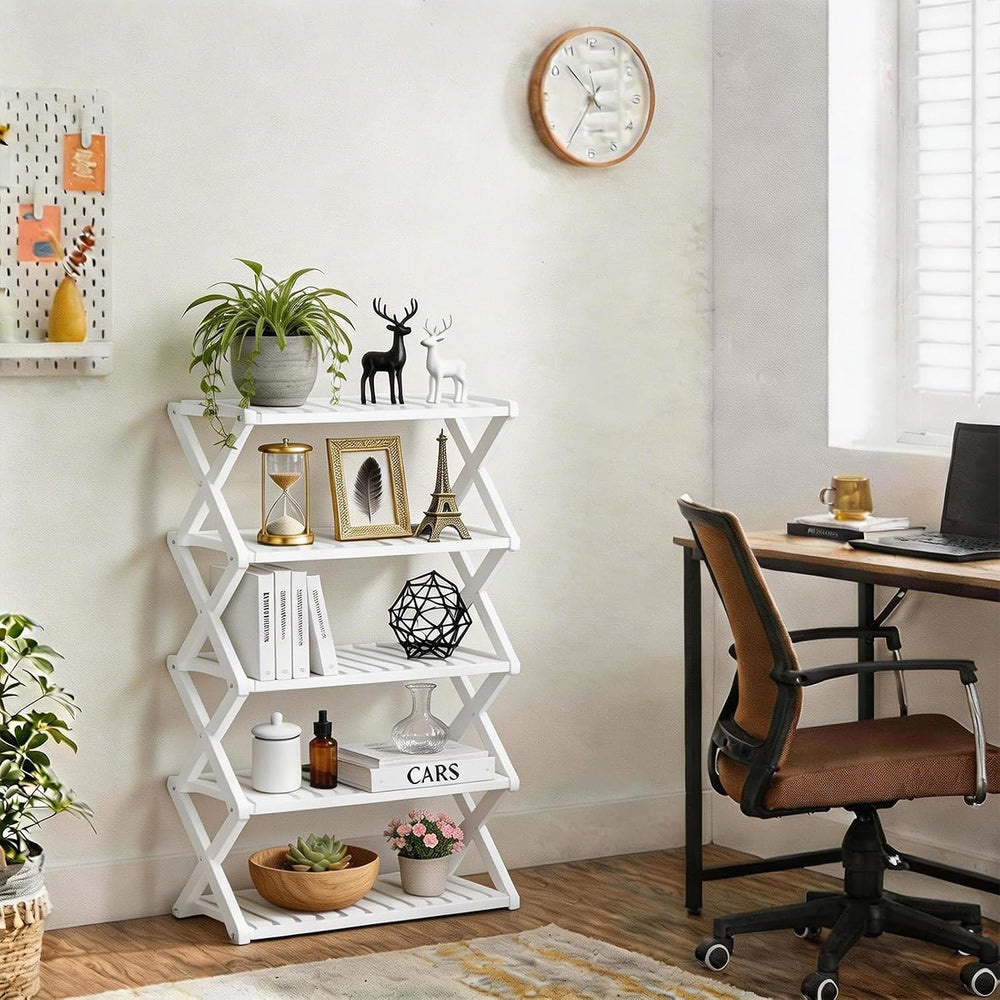 5 Tier Bamboo Shoe Rack White,Portable Folding Shoe Storage Rack,Without Inst...
