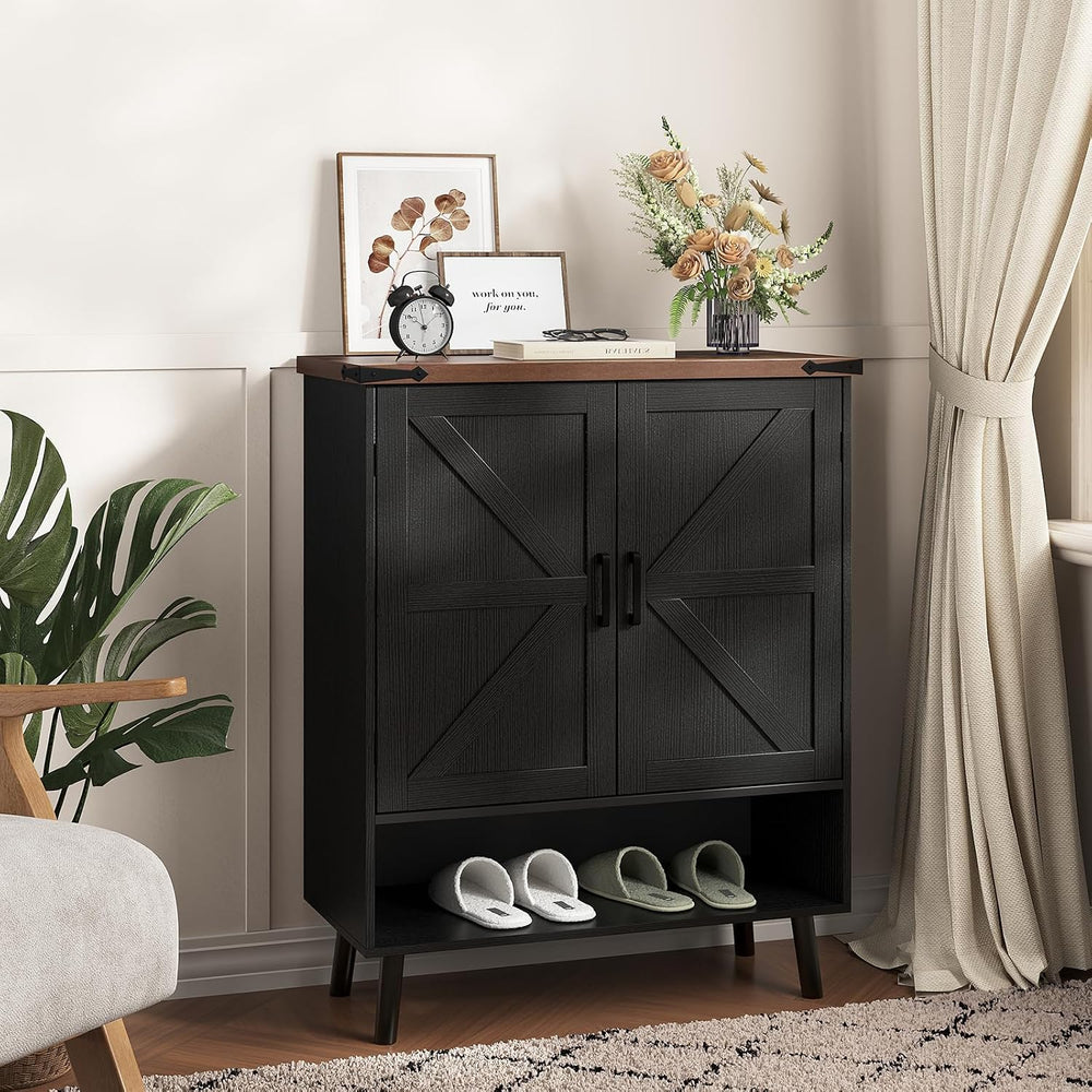 Vabches 34" Tall Farmhouse Shoe Storage Cabinet with Barn Doors, Black