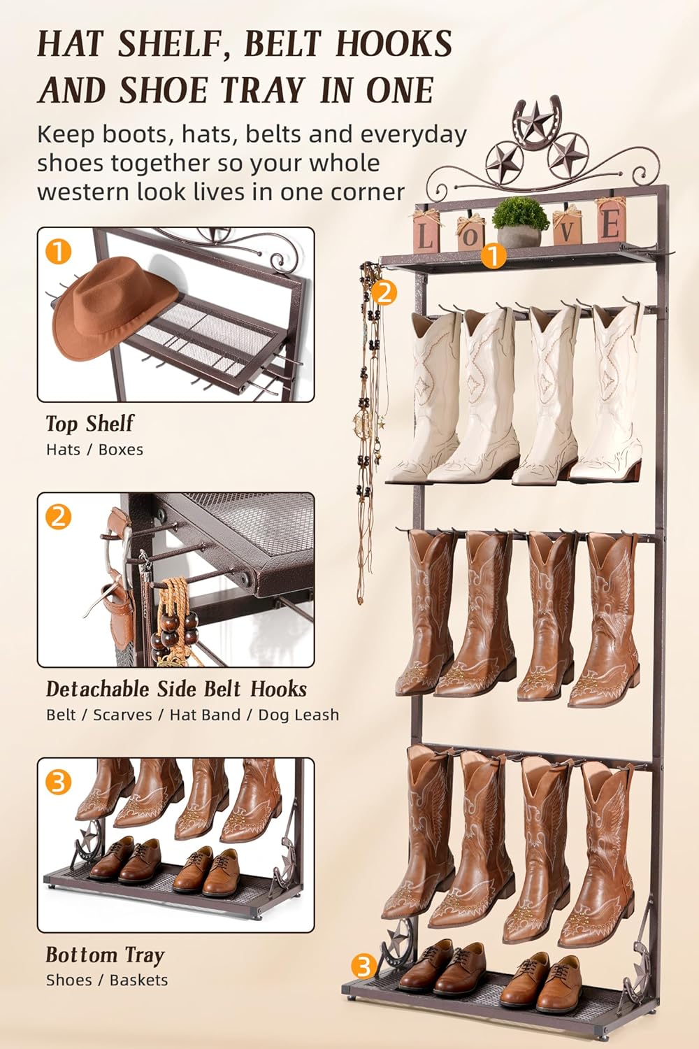 Western Boot Rack for 6 Pairs, 74" Freestanding Cowboy Boot Stand, Bronze