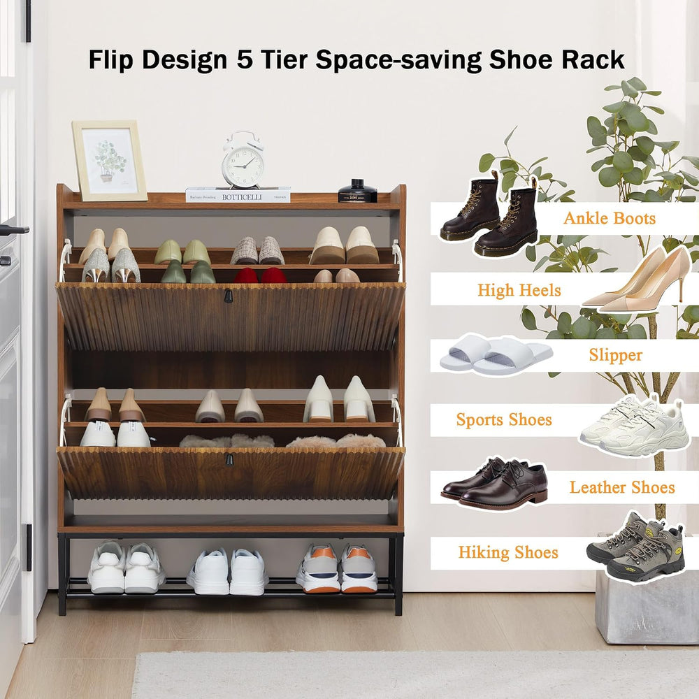 RARZOE Fluted Shoe Cabinet for Entryway with 2 Flip Drawers, Narrow Wood Shoe...