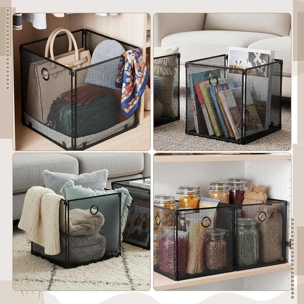 2 Pcs Foldable Metal Cube Storage Baskets, 13x13in, Black