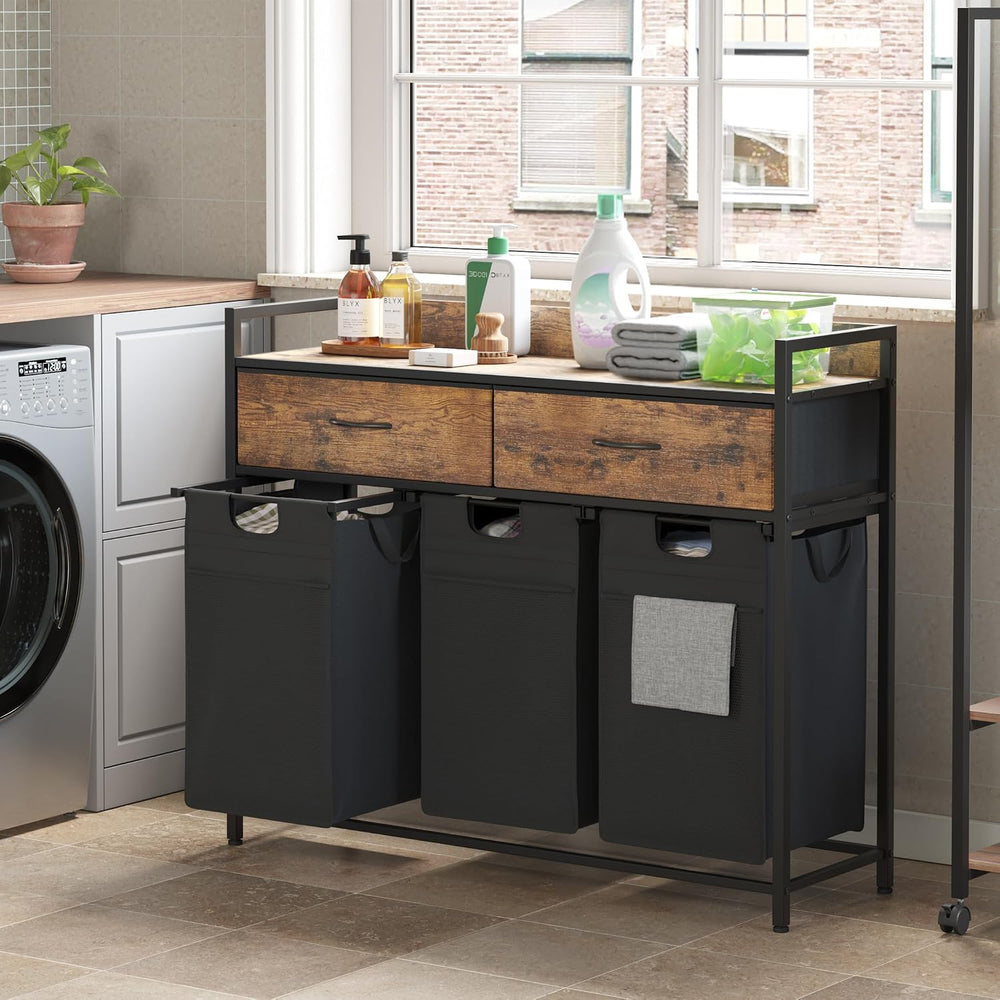 Mondeer 150L Laundry Sorter 3 Section with 3 Bags 4 Wheels 2 Drawers