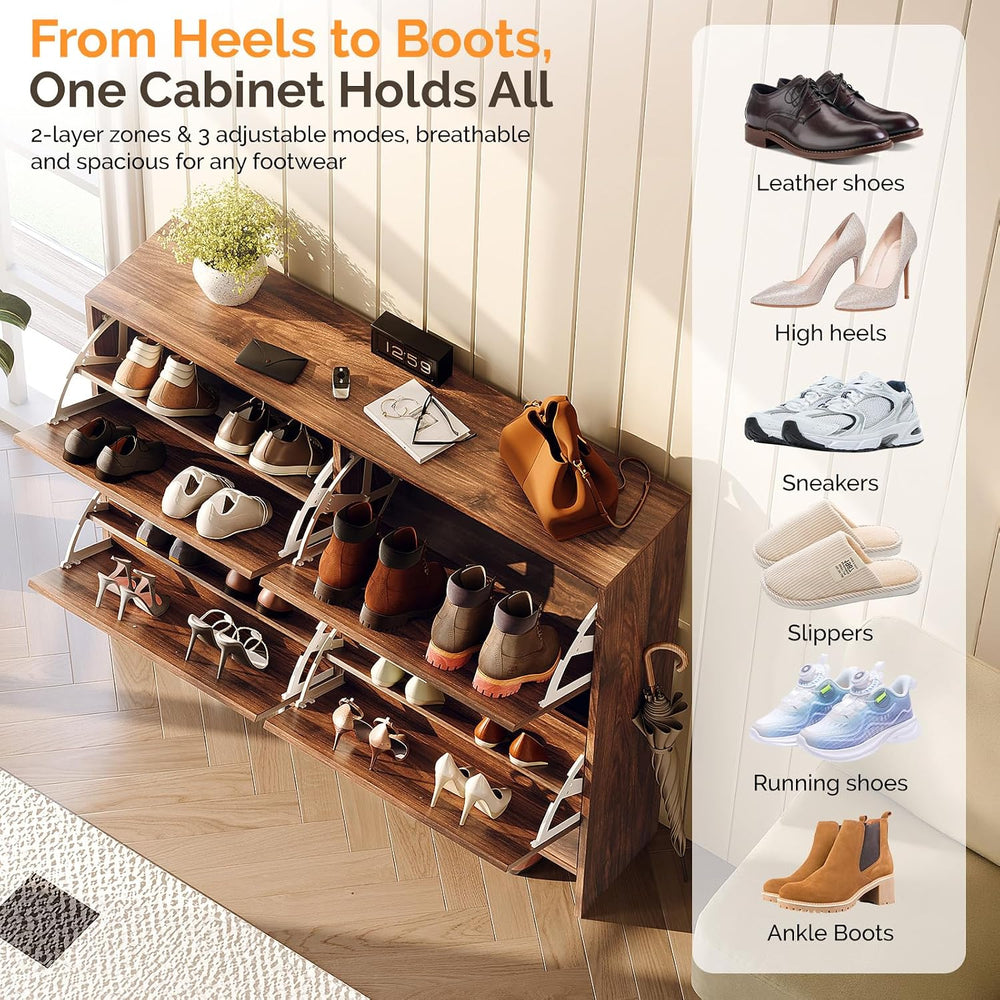 VINGLI Walnut Shoe Cabinet for Entryway, Slim Rustic Shoe Storage Cabinet wit...