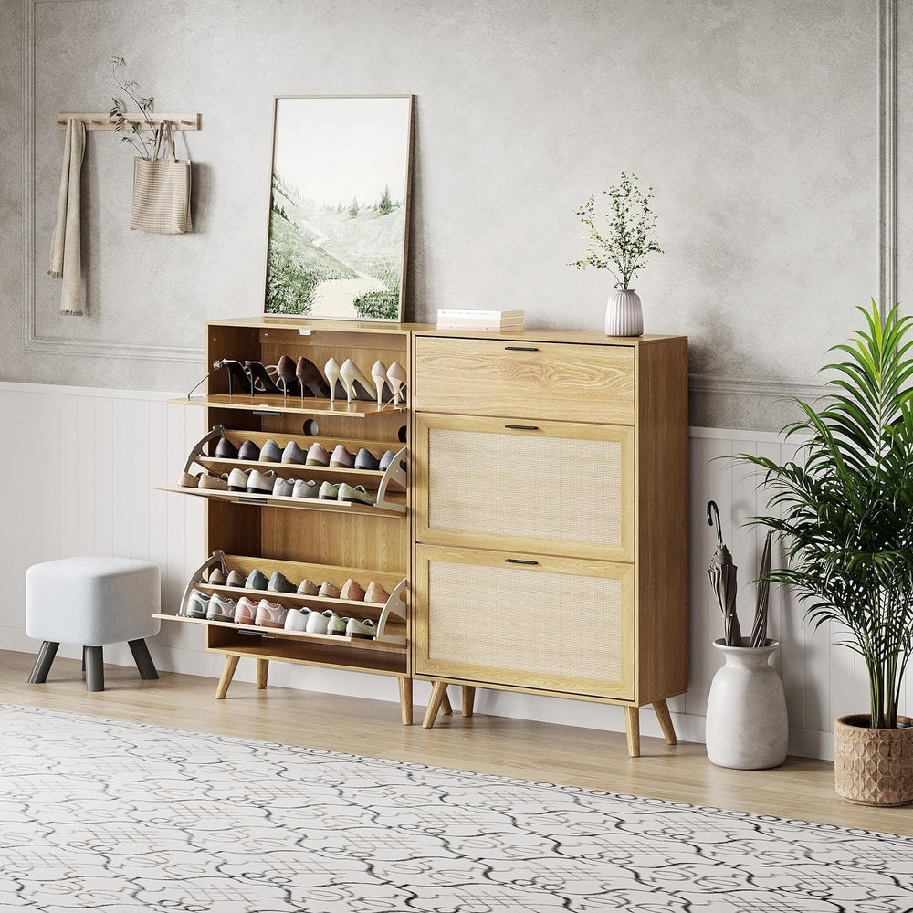 MU Natural Rattan Shoe Cabinet, Entryway Shoe Cabinet with 2 Flip Drawers and...