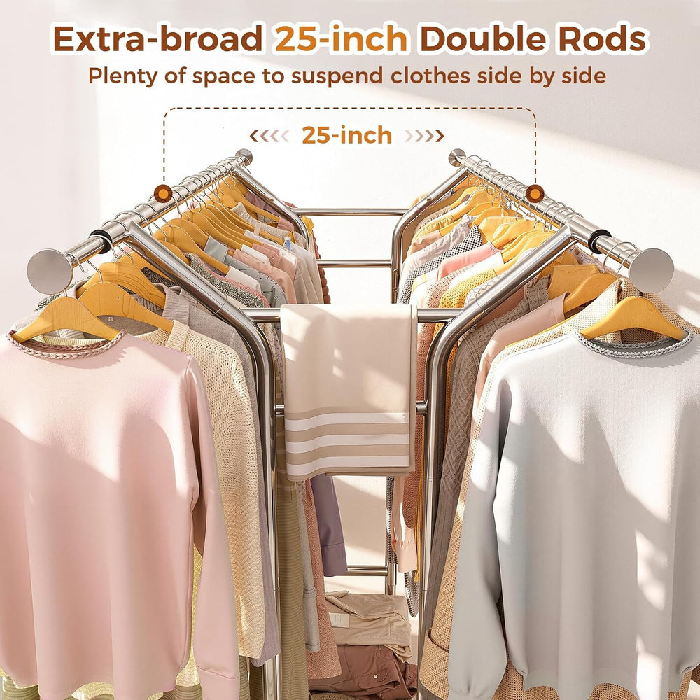 Luxspire Double Rod Clothing Racks for Hanging Clothes Load 650 LBS, Silver