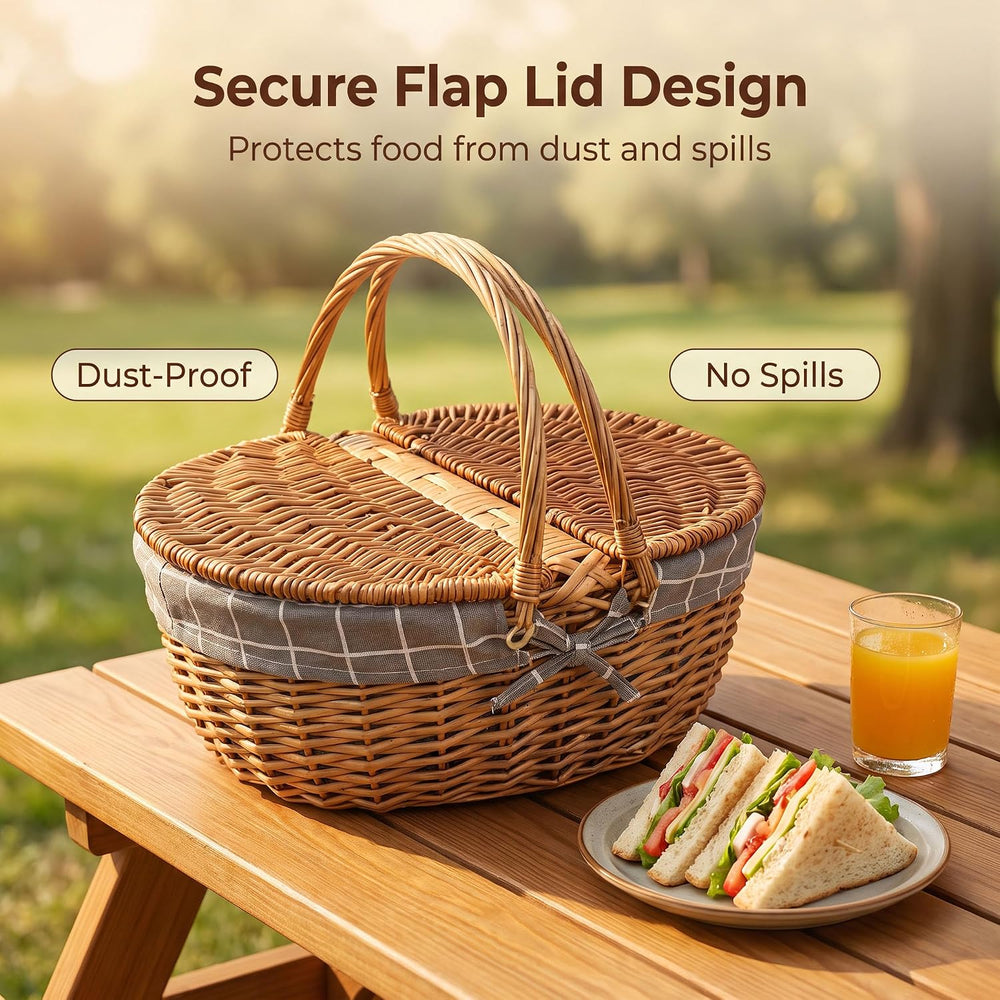Picnic Wicker Basket with & Handles for Outdoor Camping, Grey