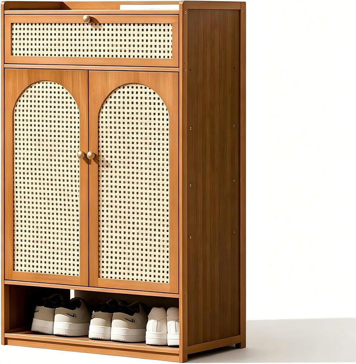 SACSTAR Shoe Cabinet Storage for Entryway - 7-Tier Bamboo Shoe Storage with Rattan Doors, Large Capacity Freestanding Shoe Rack Organizer for Hallway, Living Room, Bedroom (23.6x12.2x42.5 in)