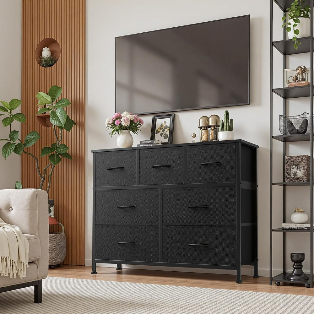 Sweetcrispy 7 Drawer Fabric Dresser for Bedroom Storage with Bins, Black