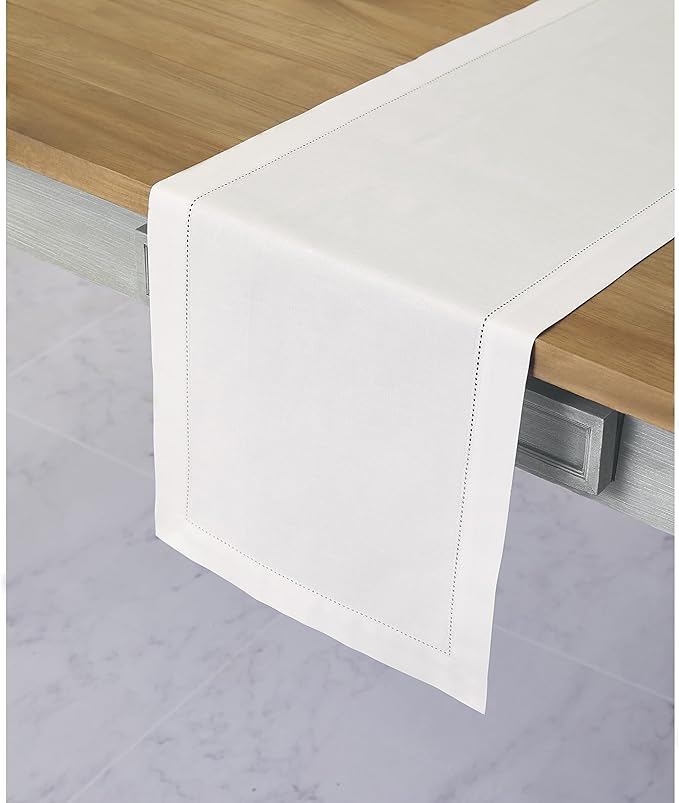 Solino Home White Table Runner 120 Inches Long - Cotton Linen Hemstitch 14 x ...