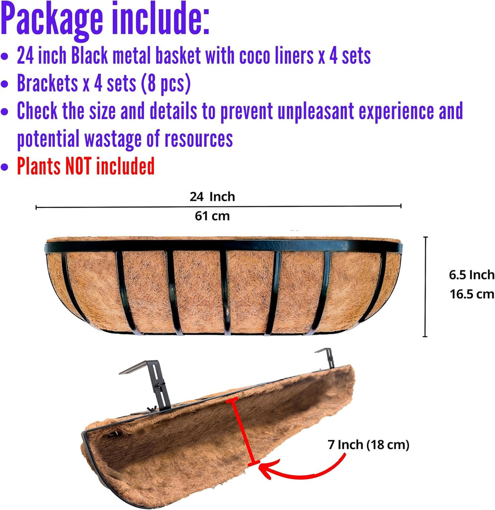 LaLaGreen Railing Planter Box (24 Inch, 4 Pack) Black Metal Rectangular Hangi...