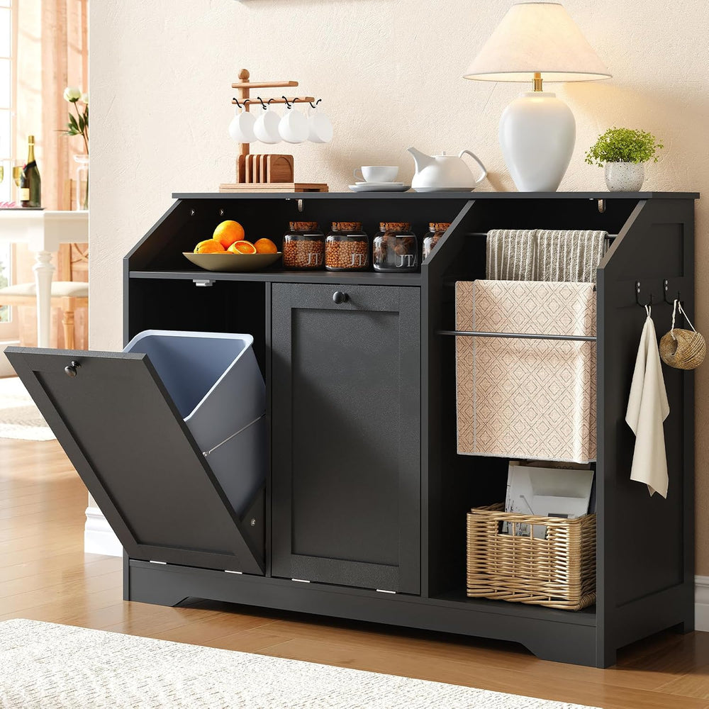 43.3" Laundry Hamper Cabinet, Double Tilt-Out Laundry Hamper with 4 Hook...