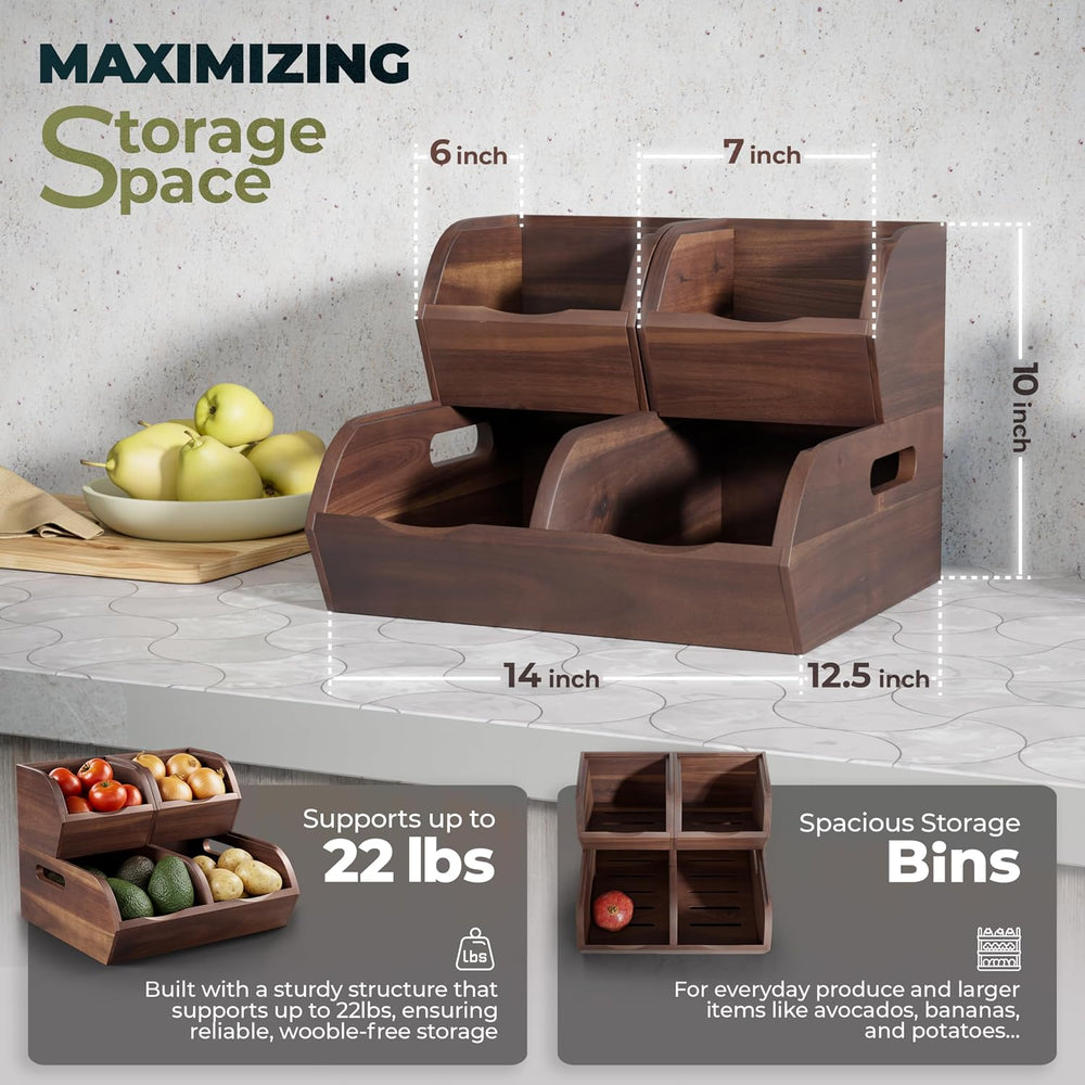 Acacia Wood Pantry Storage Bins - Stackable Open Front Kitchen Baskets