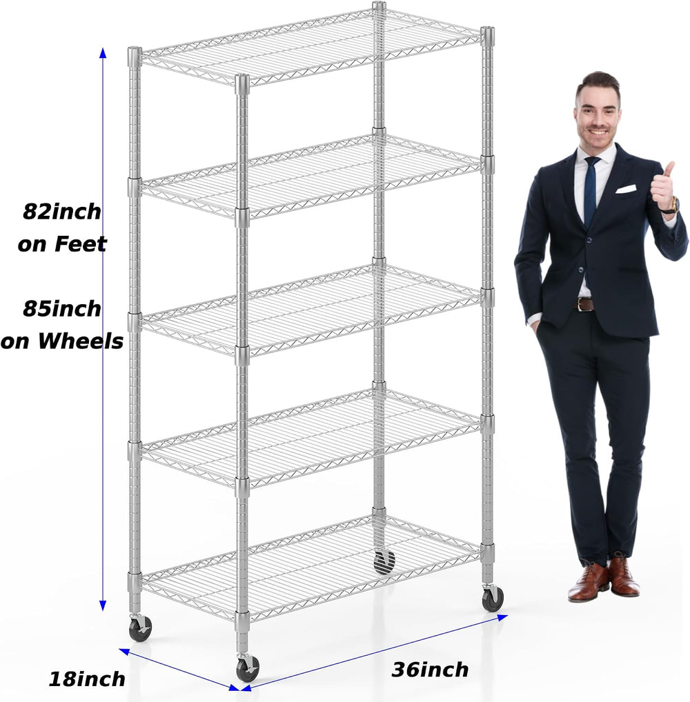 Homdox Heavy Duty Storage Shelves, 5 Tier Wire Shelving Unit with Wheels, Com...