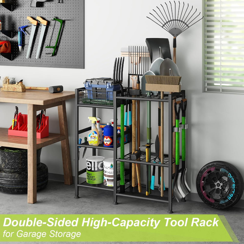 Garden Tool Organizer with Basket, 3-Tier Yard Storage Rack for Garage