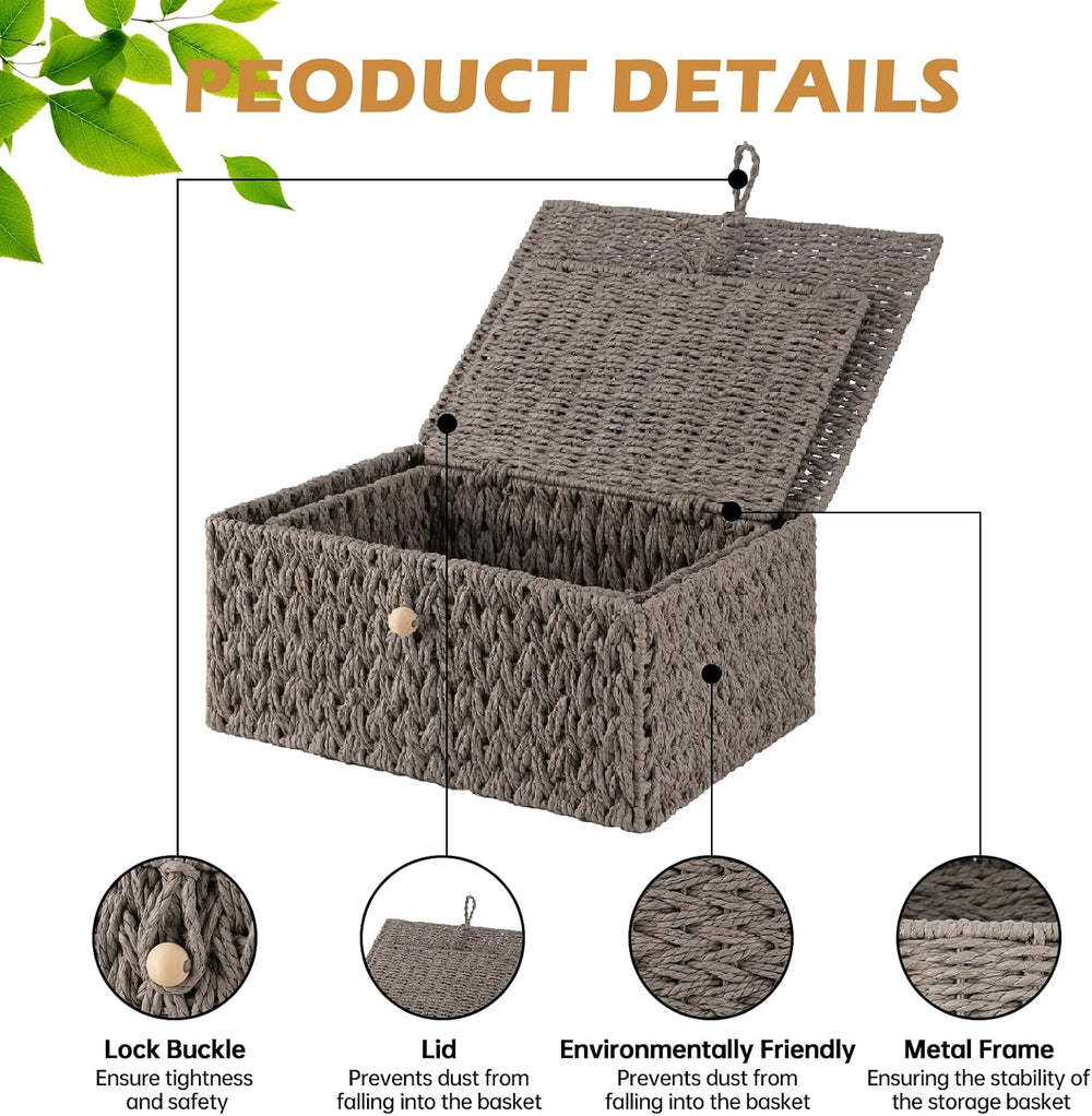 OIAHOMY Wicker Storage Basket with Lid & Lock, Lidded Storage Bins, Decor...
