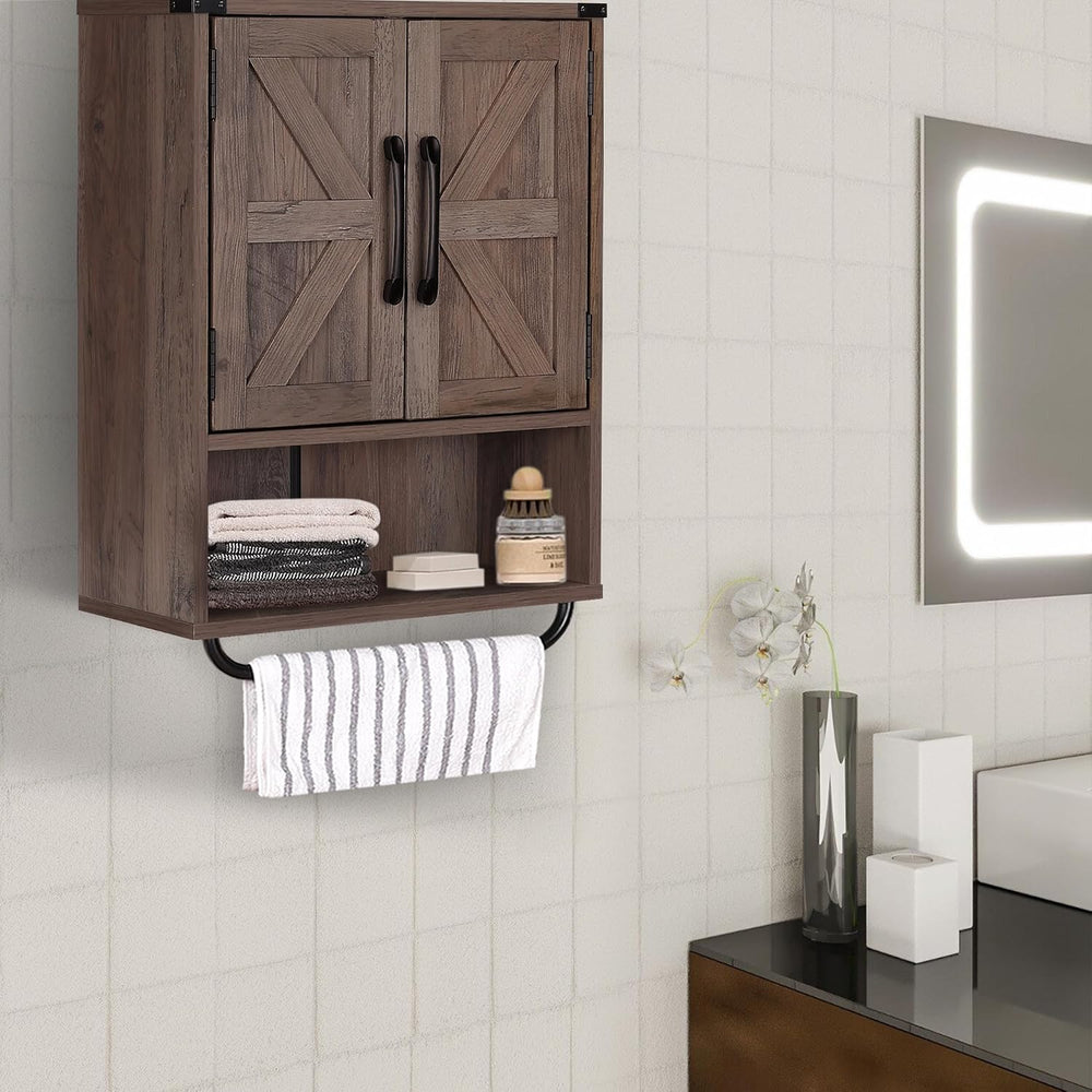 RUSTOWN Farmhouse Wall Storage Cabinet with 2 Barn Door & Towel Rack