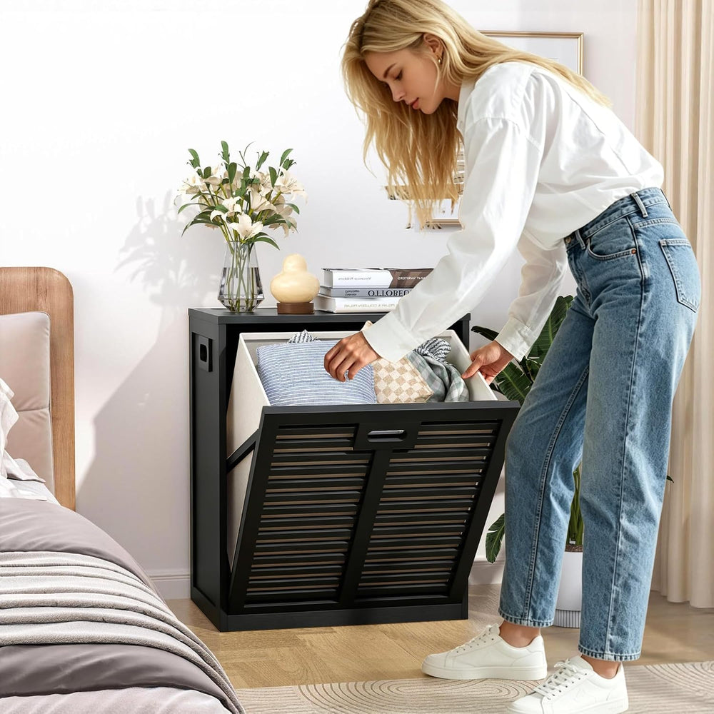 VASMIA Tilt Out Laundry Hamper, Bamboo Laundry Cabinet with Hidden Removable ...