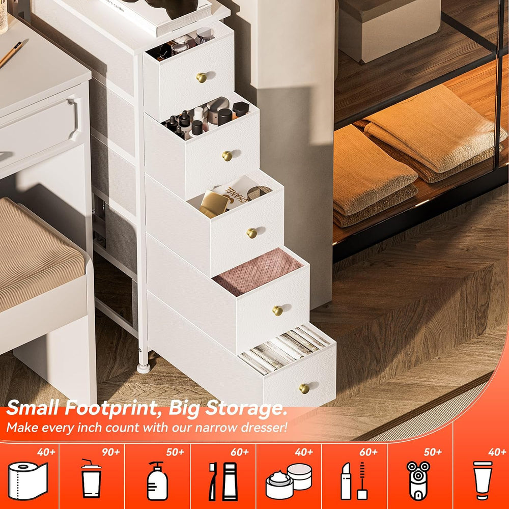 Narrow Dresser Storage Tower with 5 Drawers, Vertical Slim Dresser Chest of D...