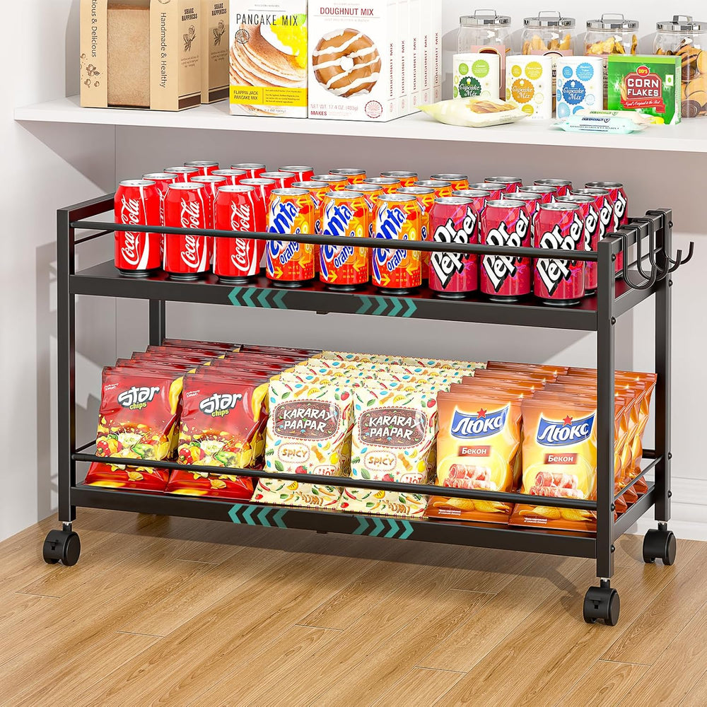 2-Tier Expandable Rolling Pantry Cart with Wheels, Adjustable Floor Organizer...