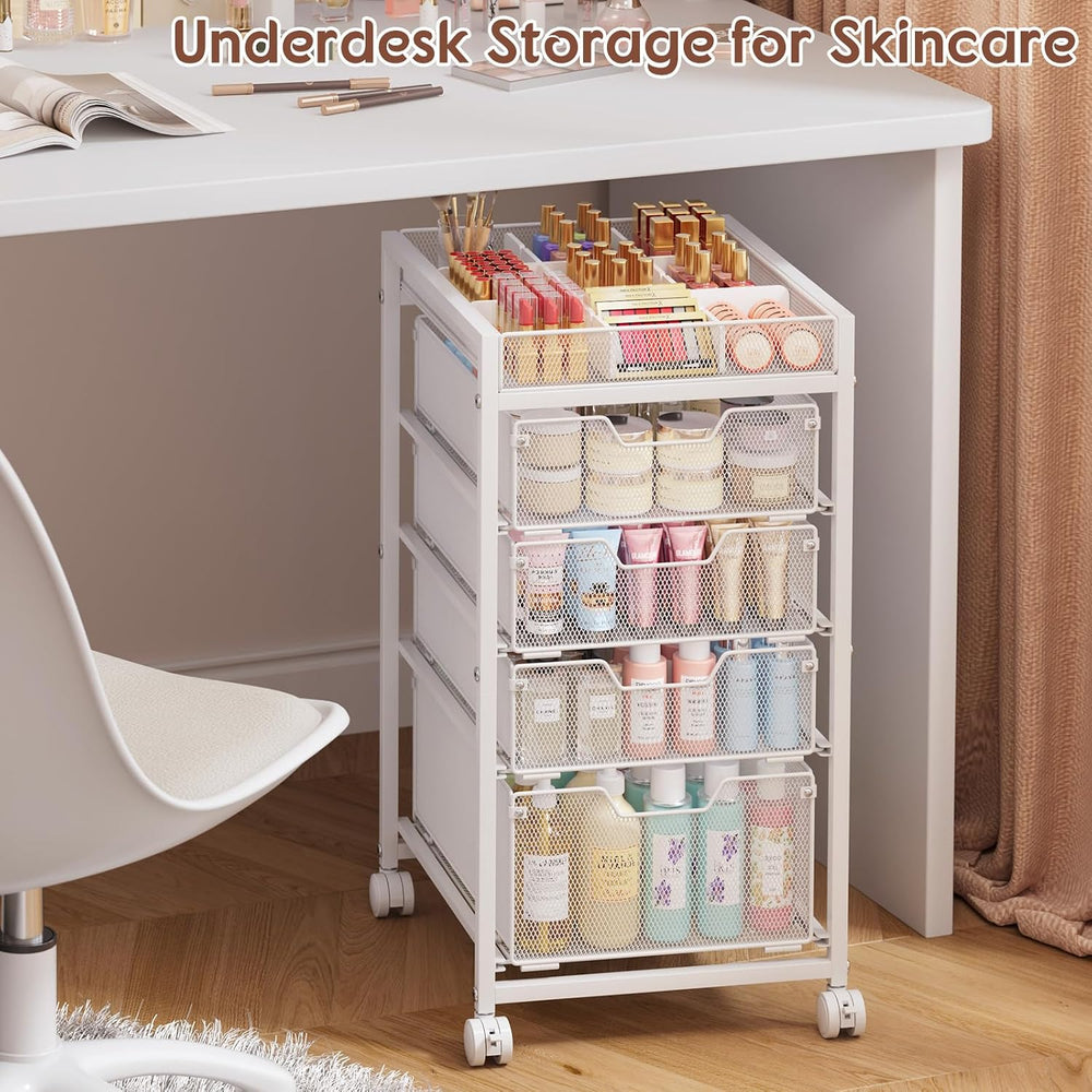 5-Tier Rolling Makeup Cart Organizer with 4 Drawers, Cosmetics Display with D...